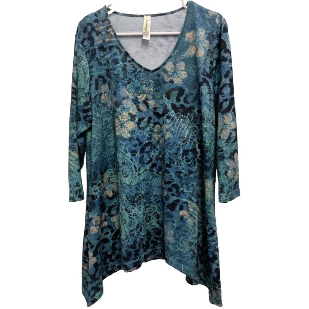 Decorated Originals Womens Wearable Art Tunic Top‎ XL Blue Abstract Embellished